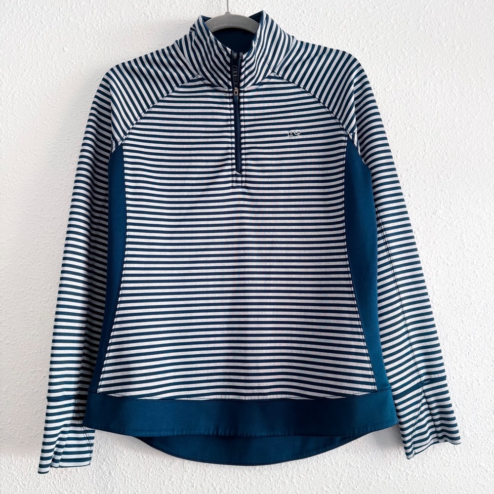 Vineyard Vines Performance Womens Medium Navy Blue Striped 1/4 Zip‎ Pullover Top